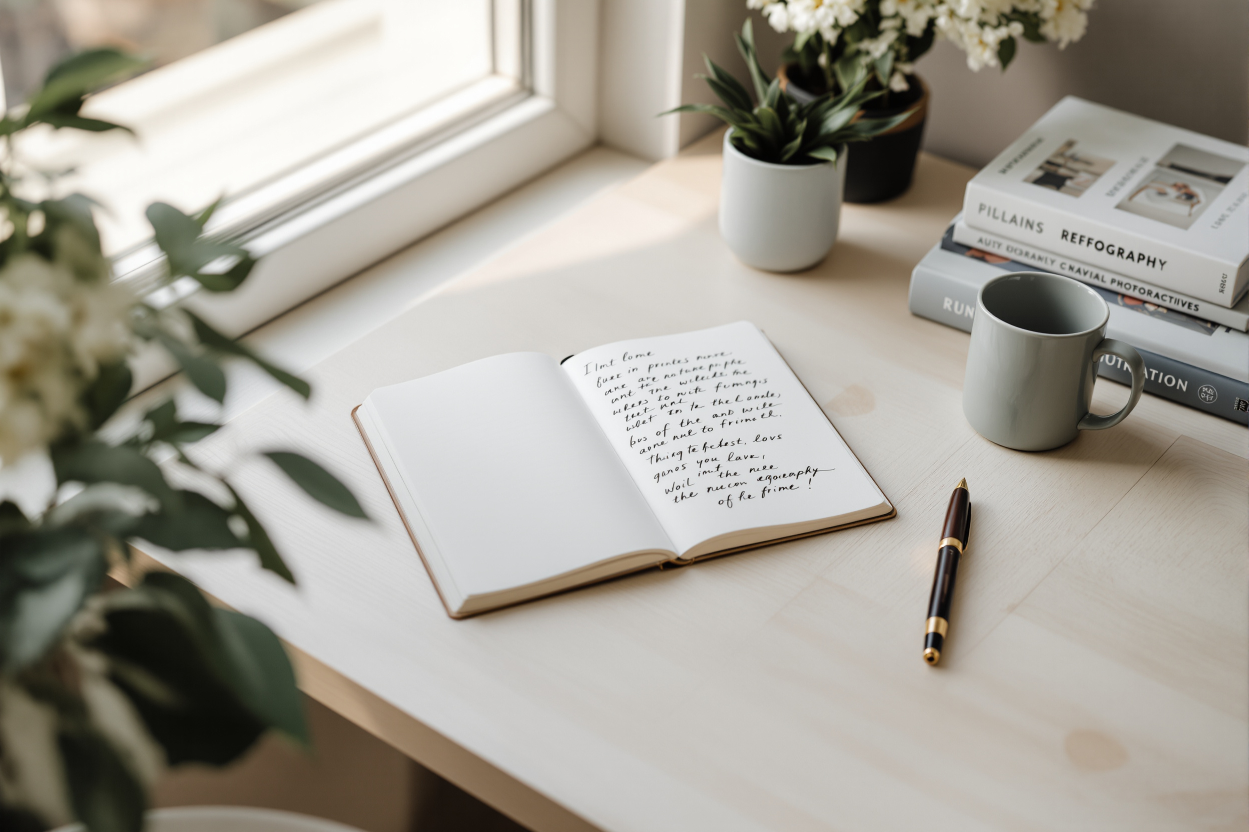 An editorial writing desk with notebook, reference books and a camera lens