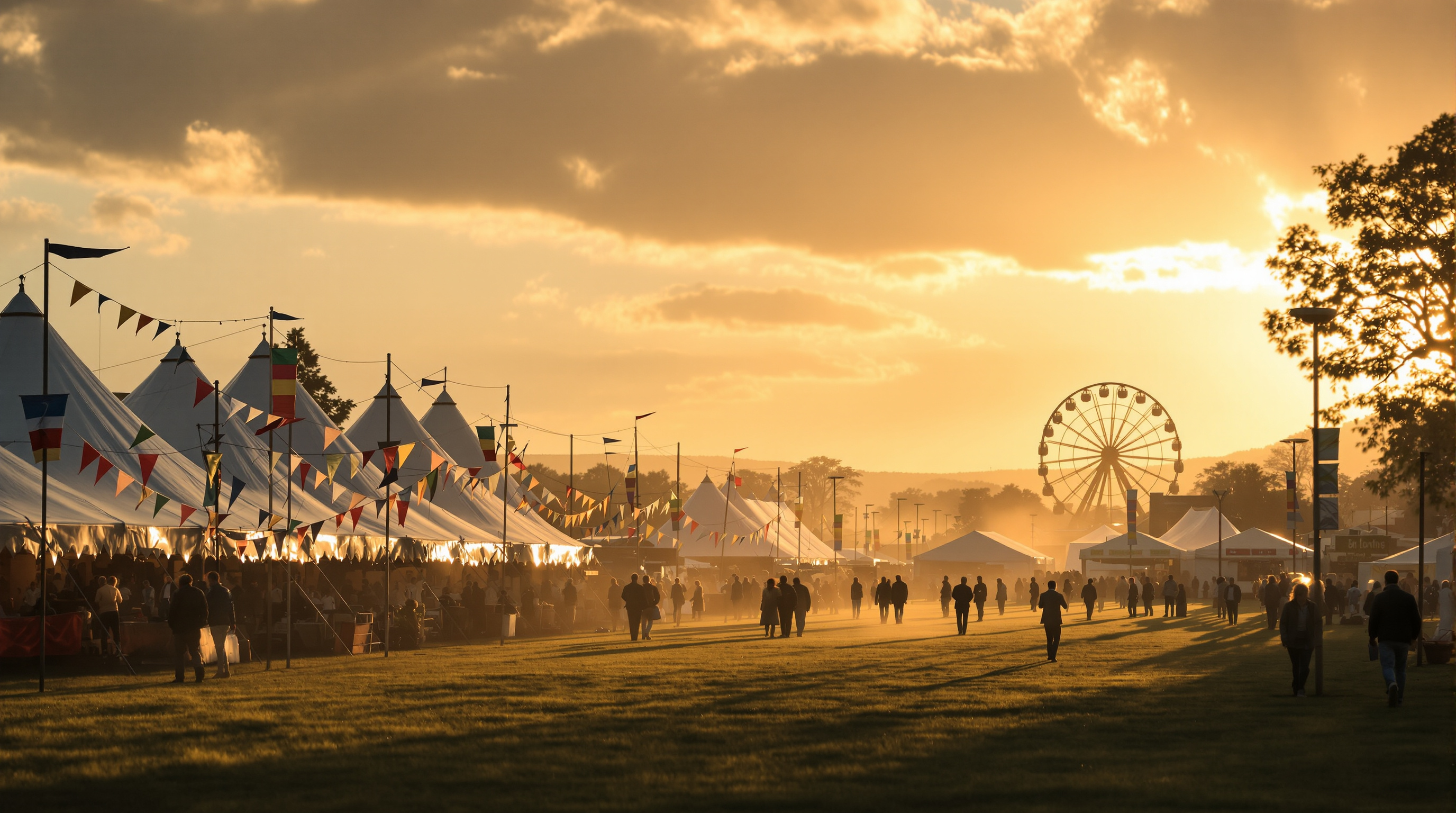 A country agricultural show ground at golden hour with marquees and a distant ferris wheel