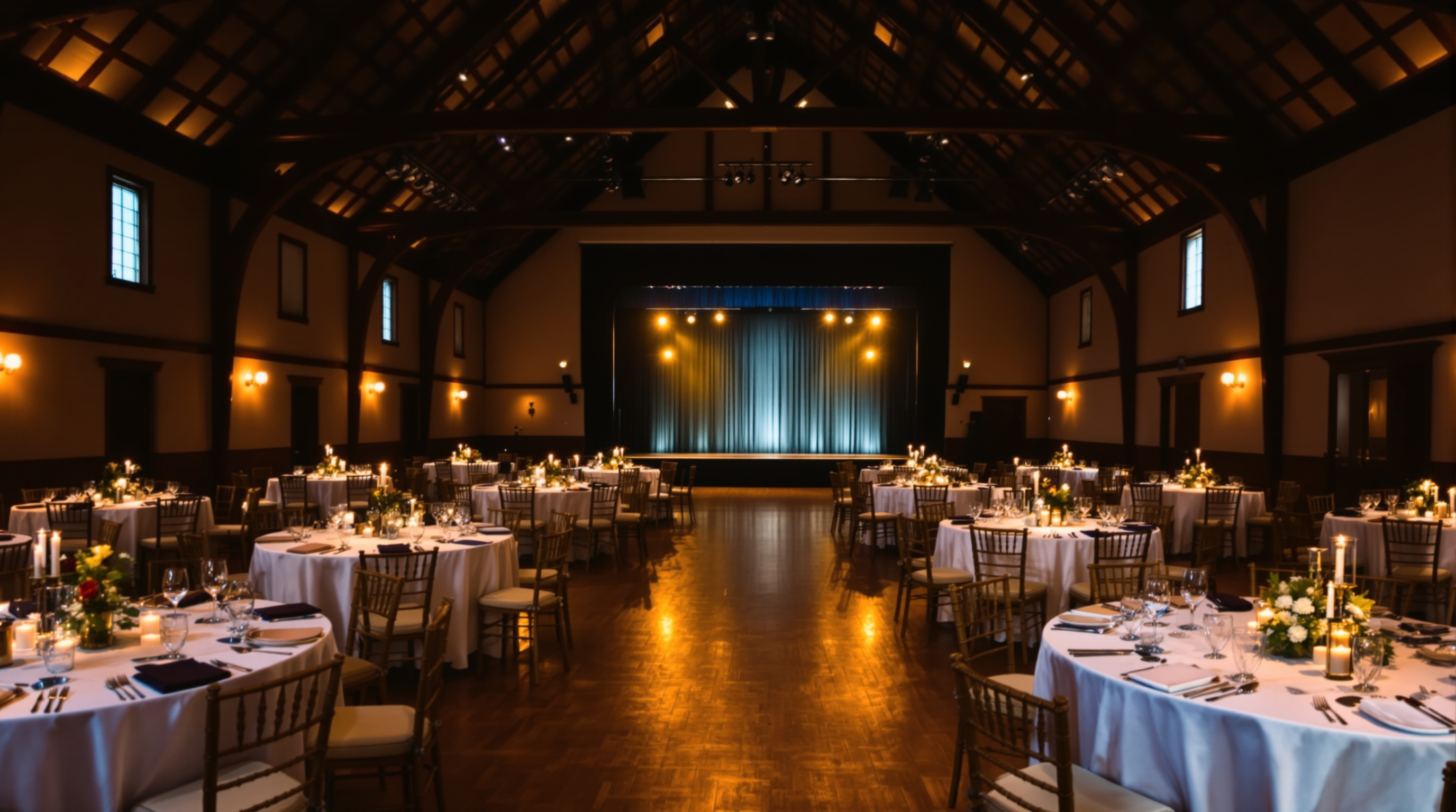 A community hall set for a formal function in warm evening light before guests arrive
