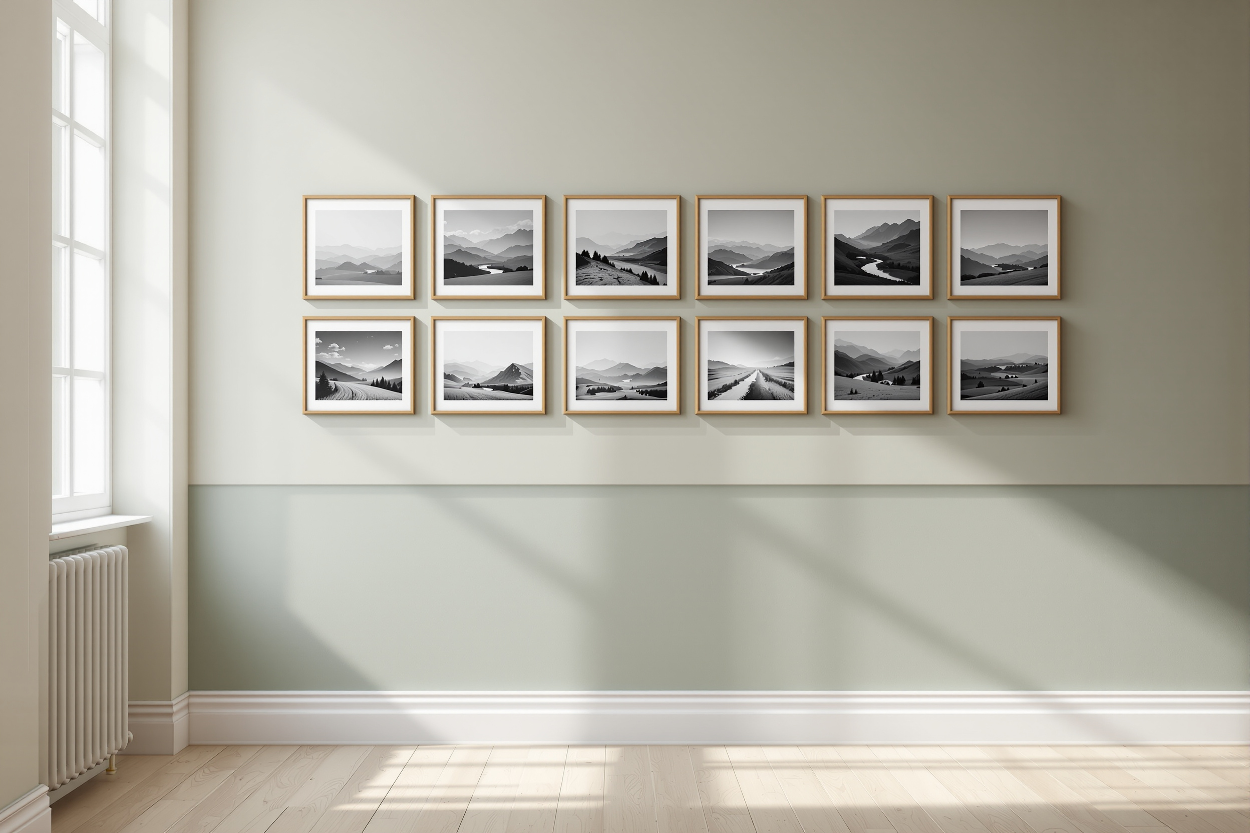 A gallery wall of framed regional landscape photographs in soft daylight