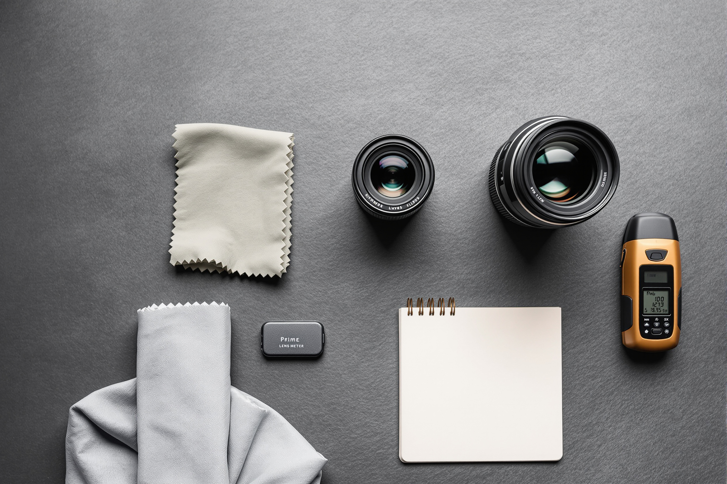 An overhead flat-lay of prime camera lenses and a light meter