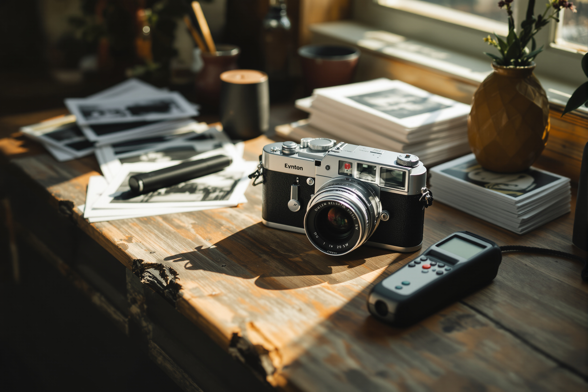 A film rangefinder camera, prime lens and contact sheets on a timber desk