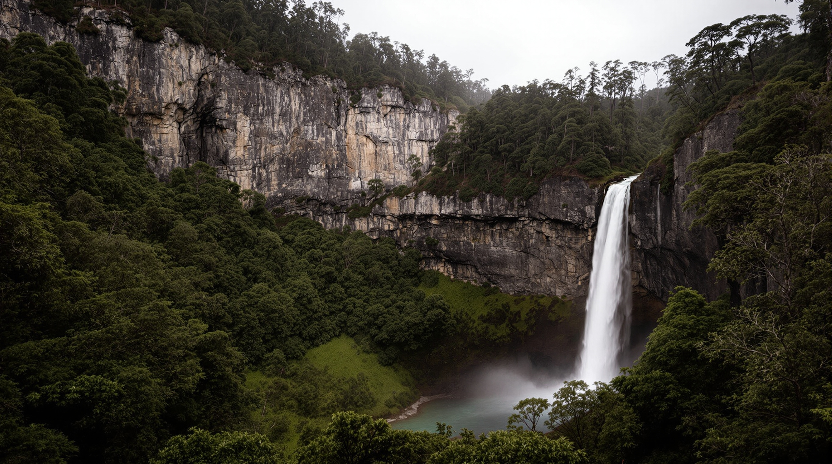 A tall waterfall dropping into a forested granite gorge on Waterfall Way