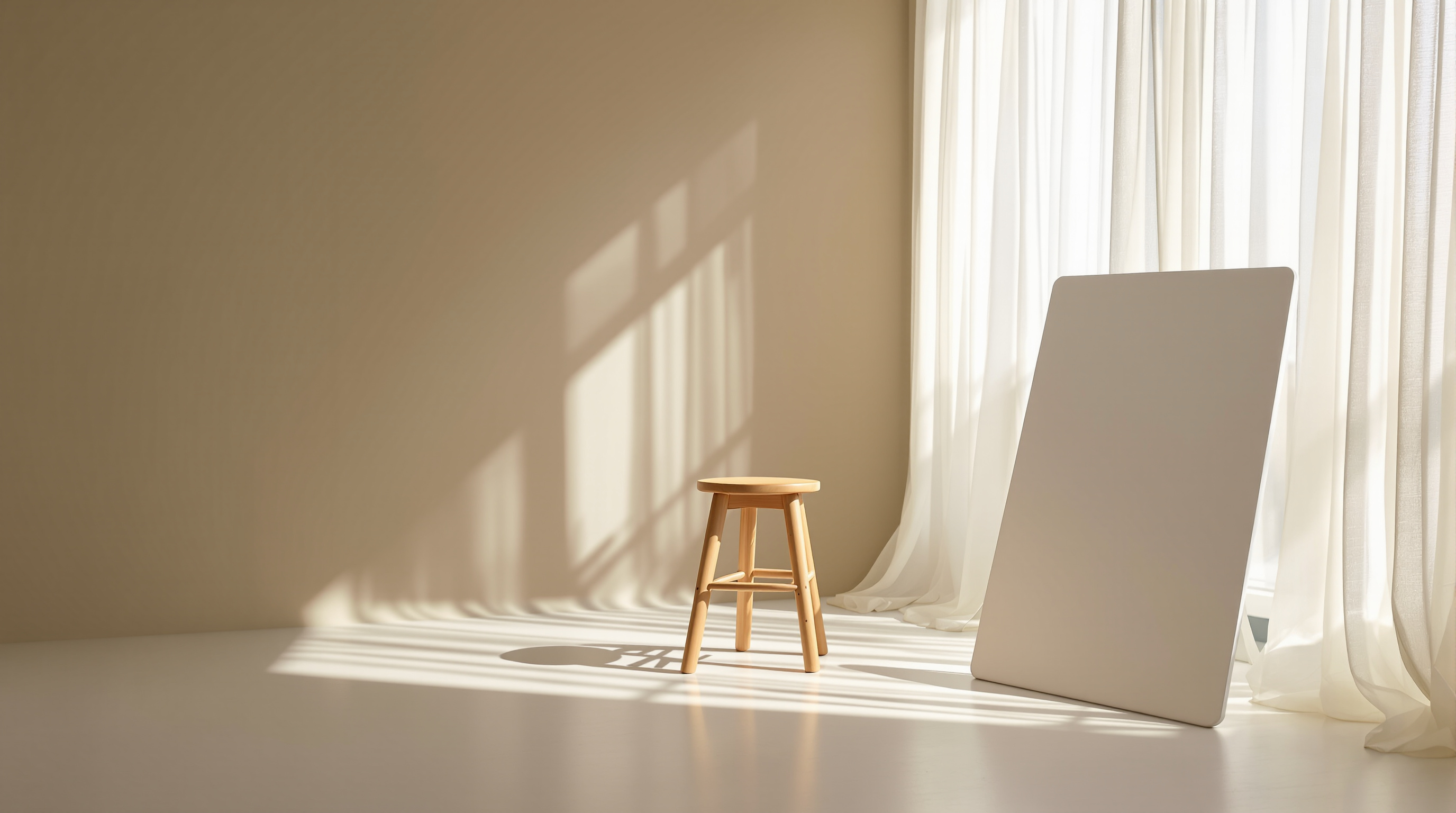 A natural-light portrait corner with a stool, backdrop and window light