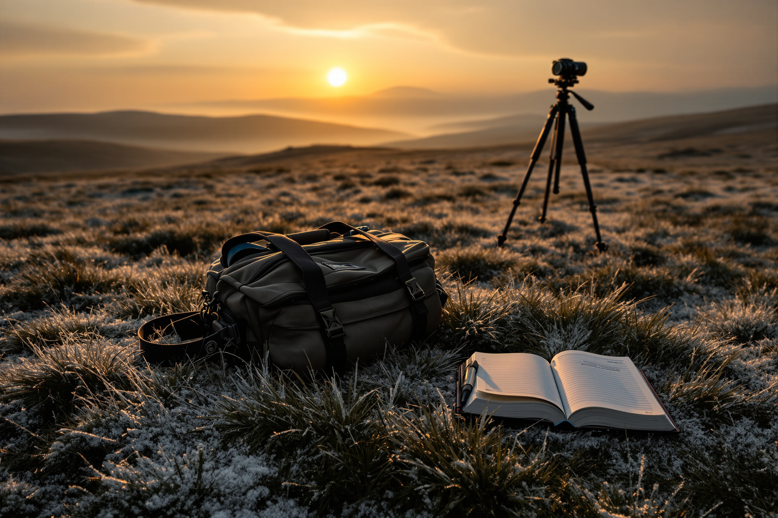 A camera bag and tripod on frosty highland grass at first light